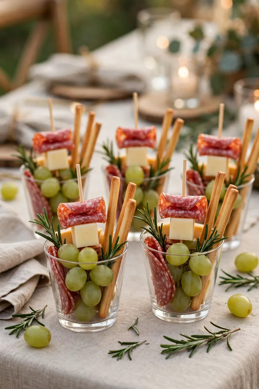 Individual clear glass charcuterie cups filled with salami, cheese, grapes, breadsticks and rosemary arranged on an outdoor
