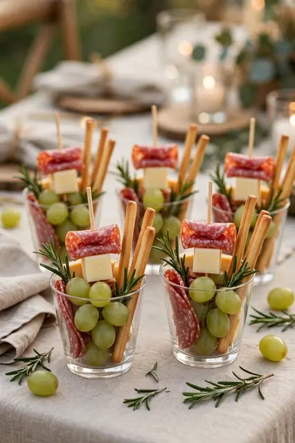 Individual clear glass charcuterie cups filled with salami, cheese, grapes, breadsticks and rosemary arranged on an outdoor