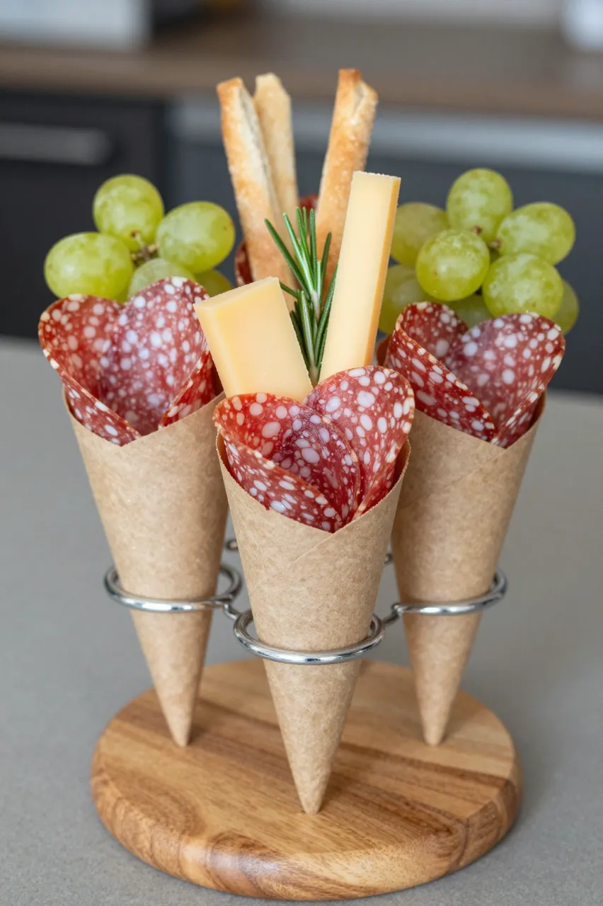 Three brown paper charcuterie cones holding salami, cheese, grapes, breadsticks and rosemary rest in a wooden display stand.