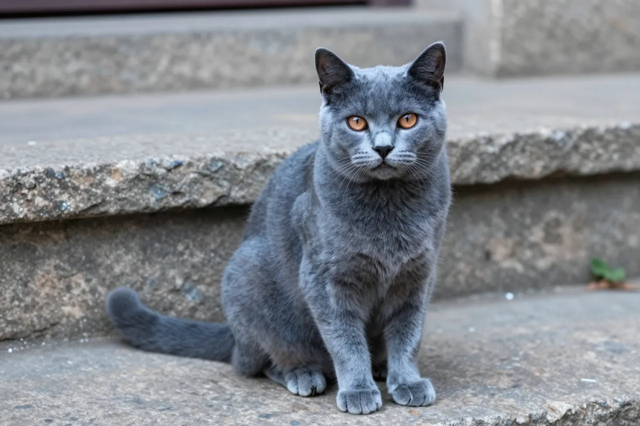 A gray Chartreux cat with copper eyes sits upright on weathered old stone steps looking at the camera