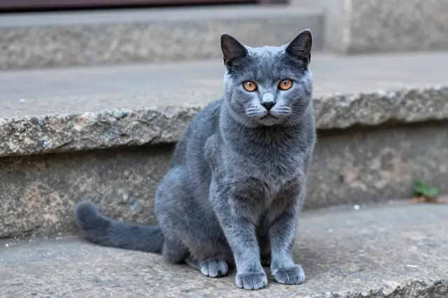 A gray Chartreux cat with copper eyes sits upright on weathered old stone steps looking at the camera