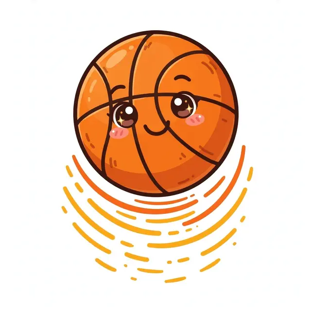 Cute cartoon orange basketball with a smiling face bounces above decorative motion marks on a light background