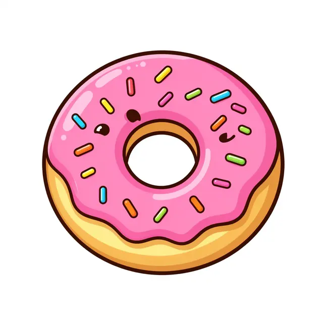 Cute cartoon illustration of a pink frosted donut with colorful sprinkles and a friendly face on a white background