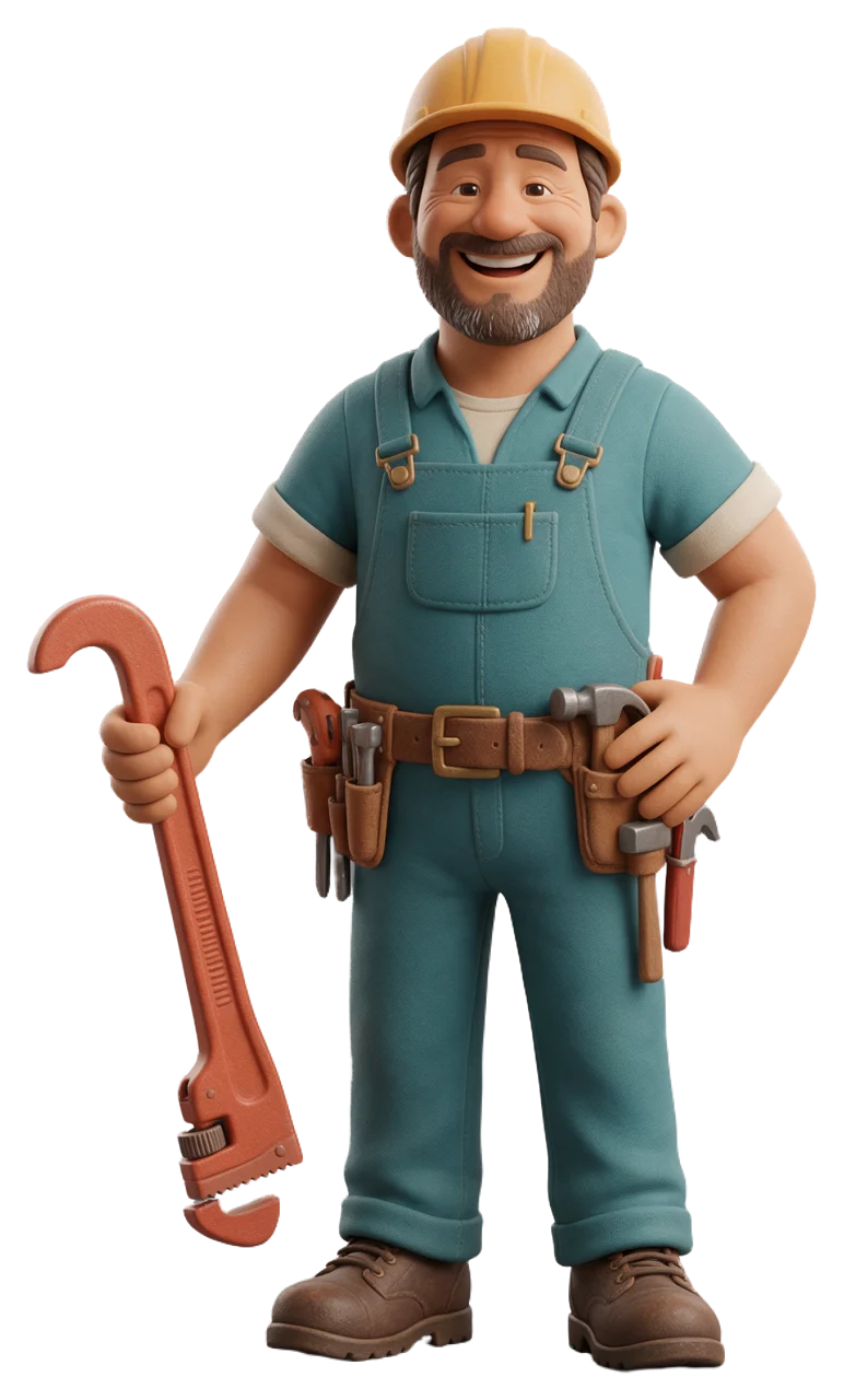 Smiling 3D cartoon plumber wearing a hard hat and tool belt holding a large pipe wrench