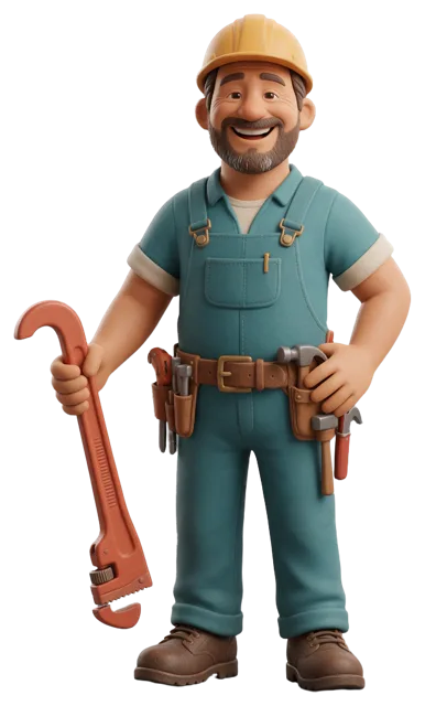 Smiling 3D cartoon plumber wearing a hard hat and tool belt holding a large pipe wrench