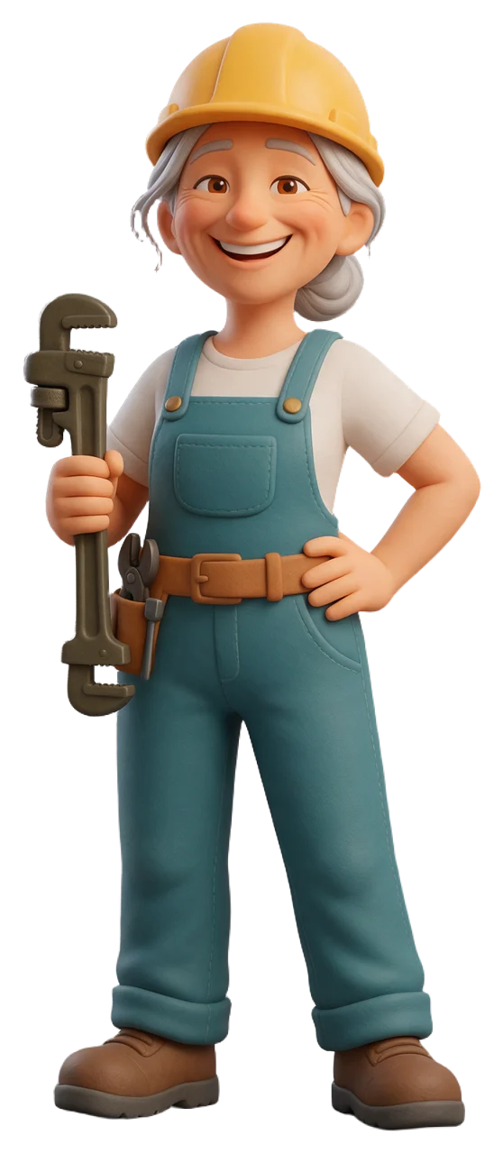 3D cartoon of a smiling older woman plumber holding a pipe wrench, wearing overalls and a hard hat