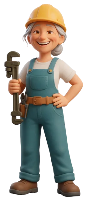 3D cartoon of a smiling older woman plumber holding a pipe wrench, wearing overalls and a hard hat