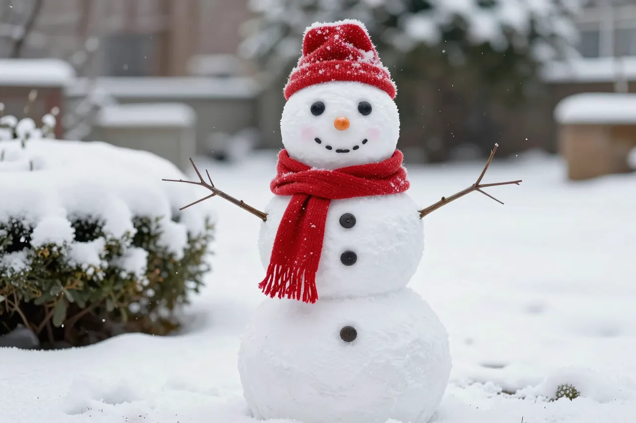 A smiling snowman wearing a red knit hat and scarf stands in a snowy residential garden