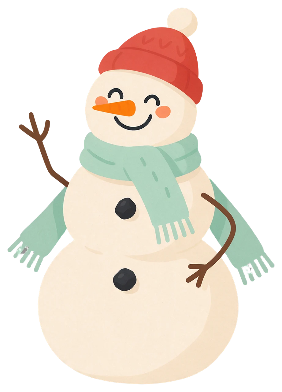 A smiling round snowman wearing a red beanie and mint scarf waves one stick arm.