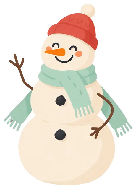 A smiling round snowman wearing a red beanie and mint scarf waves one stick arm.