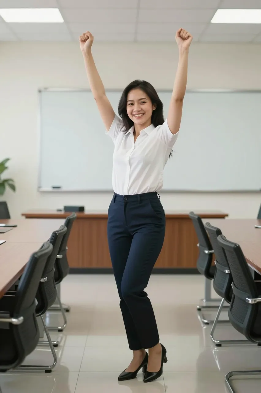 Smiling Southeast Asian businesswoman raises her fists in celebration in a bright empty meeting room
