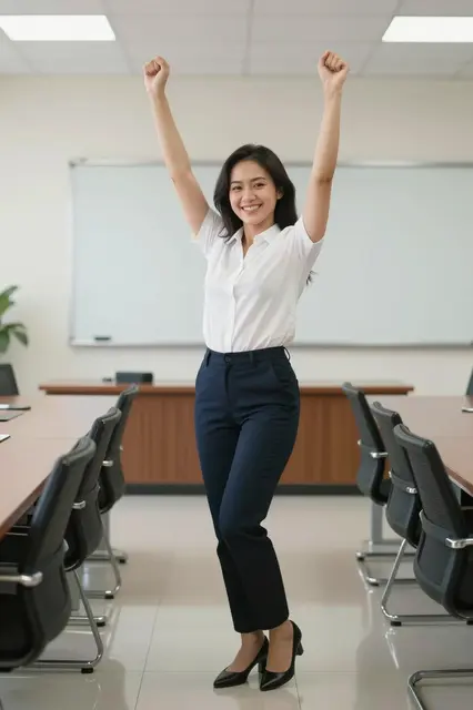 Smiling Southeast Asian businesswoman raises her fists in celebration in a bright empty meeting room