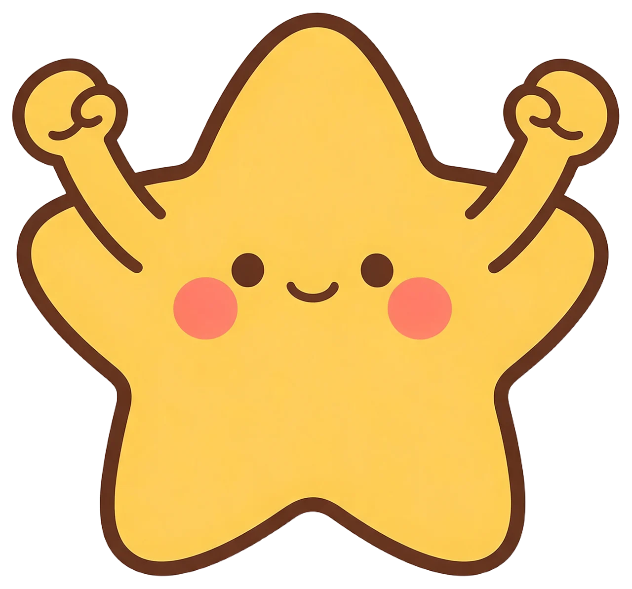 Chubby yellow kawaii star illustration with raised arms and a happy smiling face