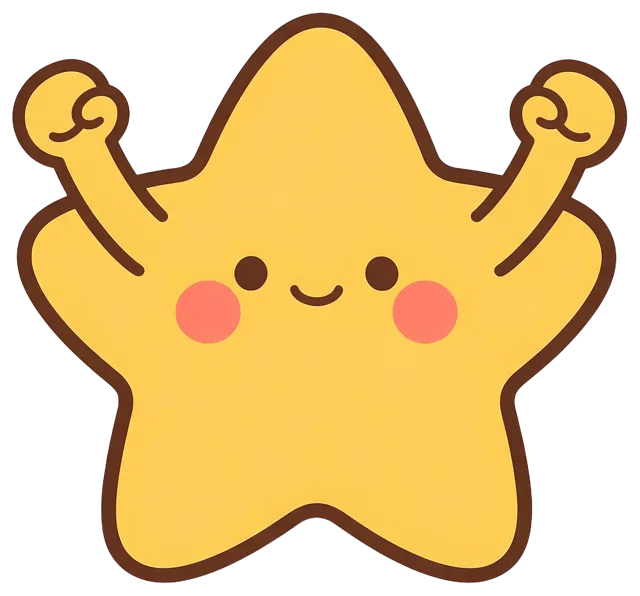 Chubby yellow kawaii star illustration with raised arms and a happy smiling face
