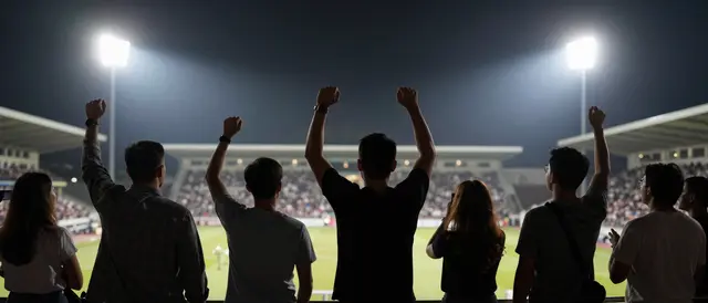 Group of cheering sports fans stand in stadium stands under bright floodlights watching a night match