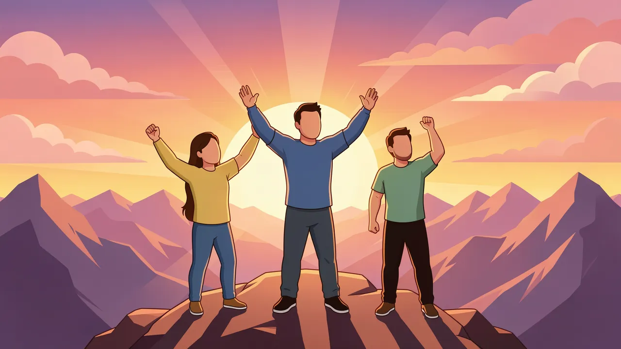 Three faceless team members celebrate with raised arms on a mountain summit at sunrise