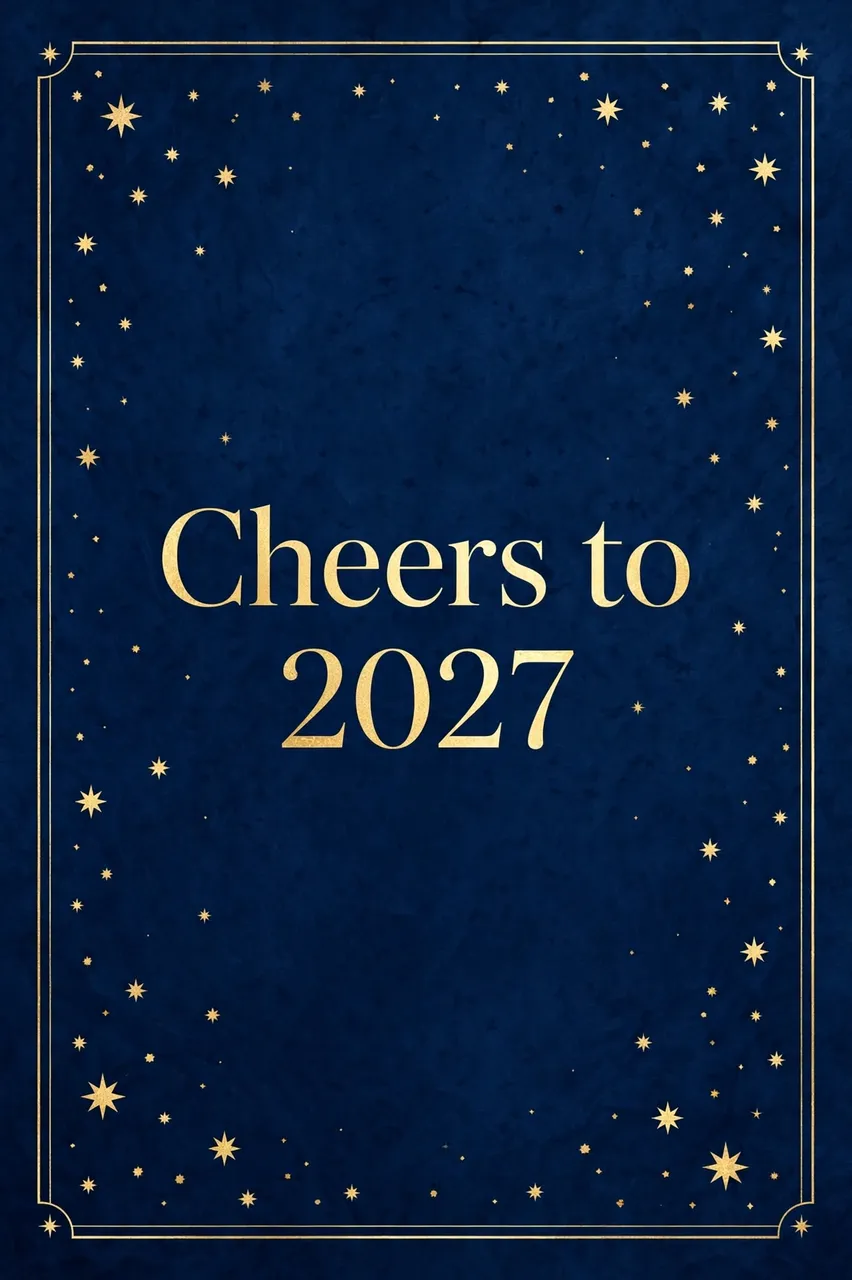 Elegant deep blue card with a gold border, star accents, and centered gold serif text reading "Cheers to 2027"