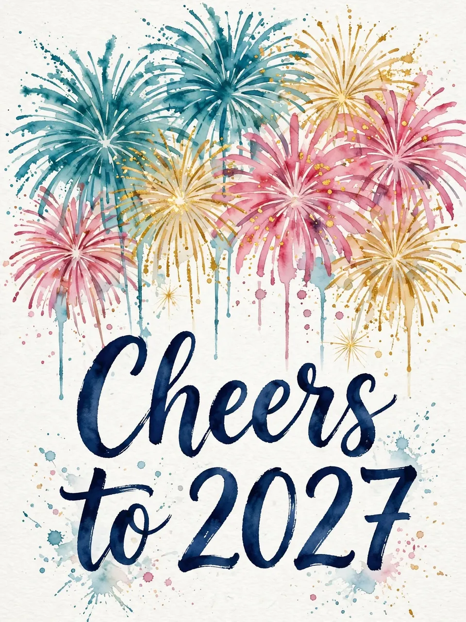 Watercolor teal, pink, and gold fireworks sit above bold navy brush lettering reading "Cheers to 2027" on off-white paper.