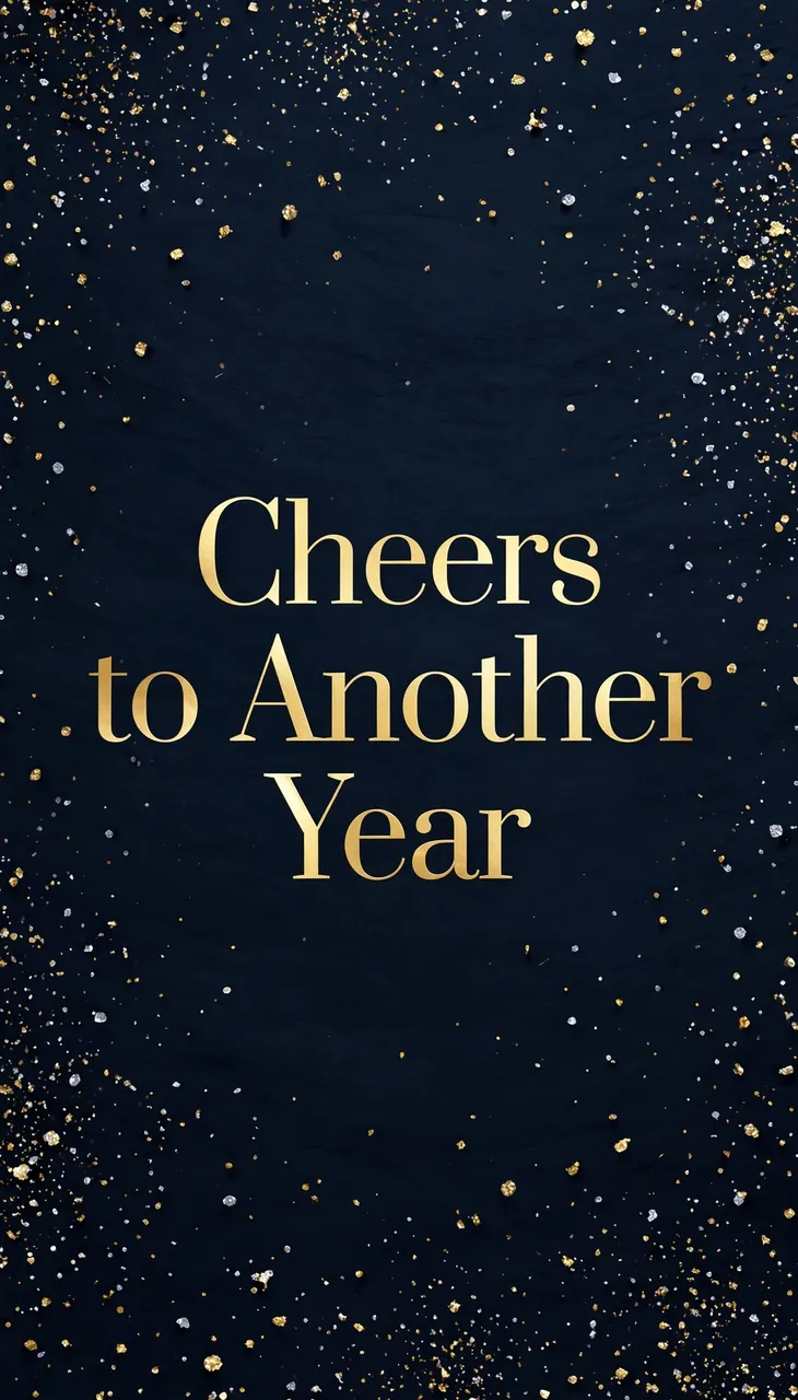 Elegant gold serif text reading "Cheers to Another Year" centered on a dark navy background scattered with gold and silver
