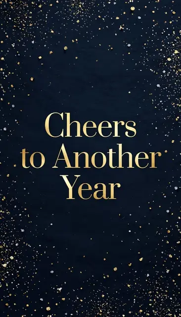Elegant gold serif text reading "Cheers to Another Year" centered on a dark navy background scattered with gold and silver