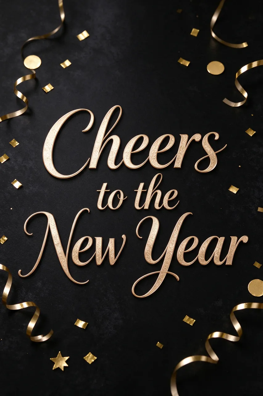 Gold script lettering reading "Cheers to the New Year" sits with gold confetti and streamers on a dark black surface