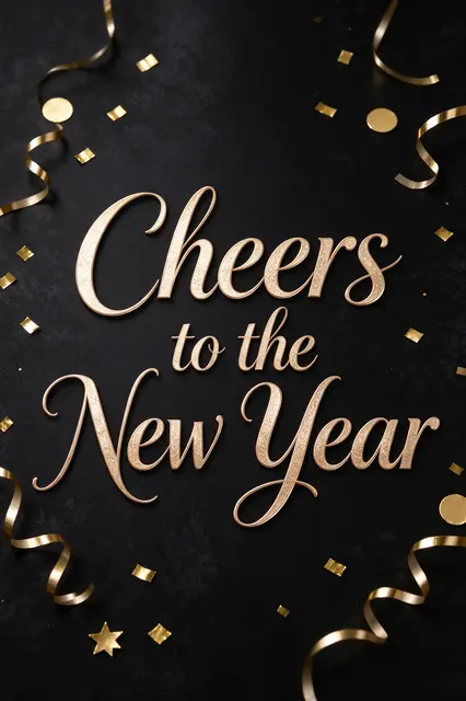 Gold script lettering reading "Cheers to the New Year" sits with gold confetti and streamers on a dark black surface
