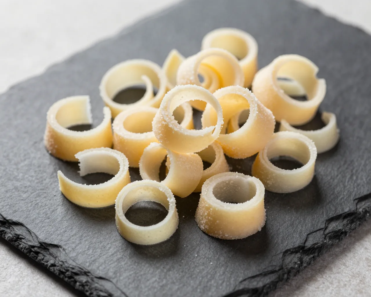 Shaved curled cheese pieces arranged on a dark slate serving platter