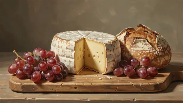 Oil painting still life of a cut cheese wheel, red grape bunches and crusty loaf arranged on a wooden cutting board.