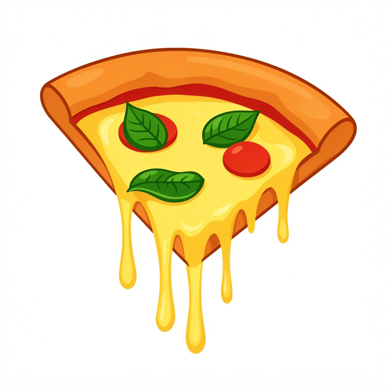 Cartoon pizza slice with stringy melted cheese, basil leaves, and pepperoni isolated on a white background