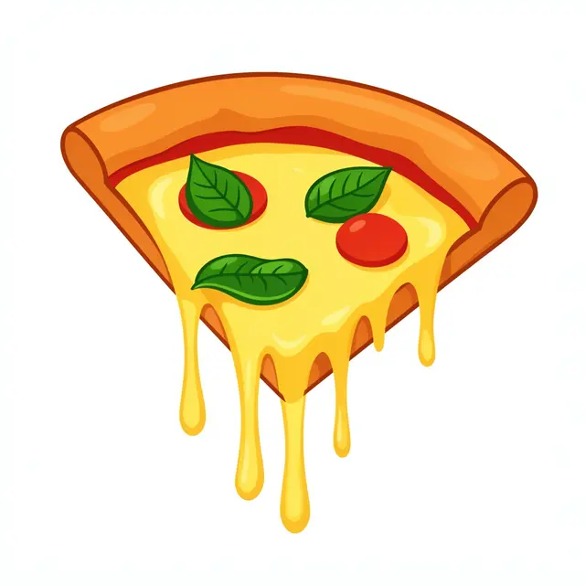 Cartoon pizza slice with stringy melted cheese, basil leaves, and pepperoni isolated on a white background