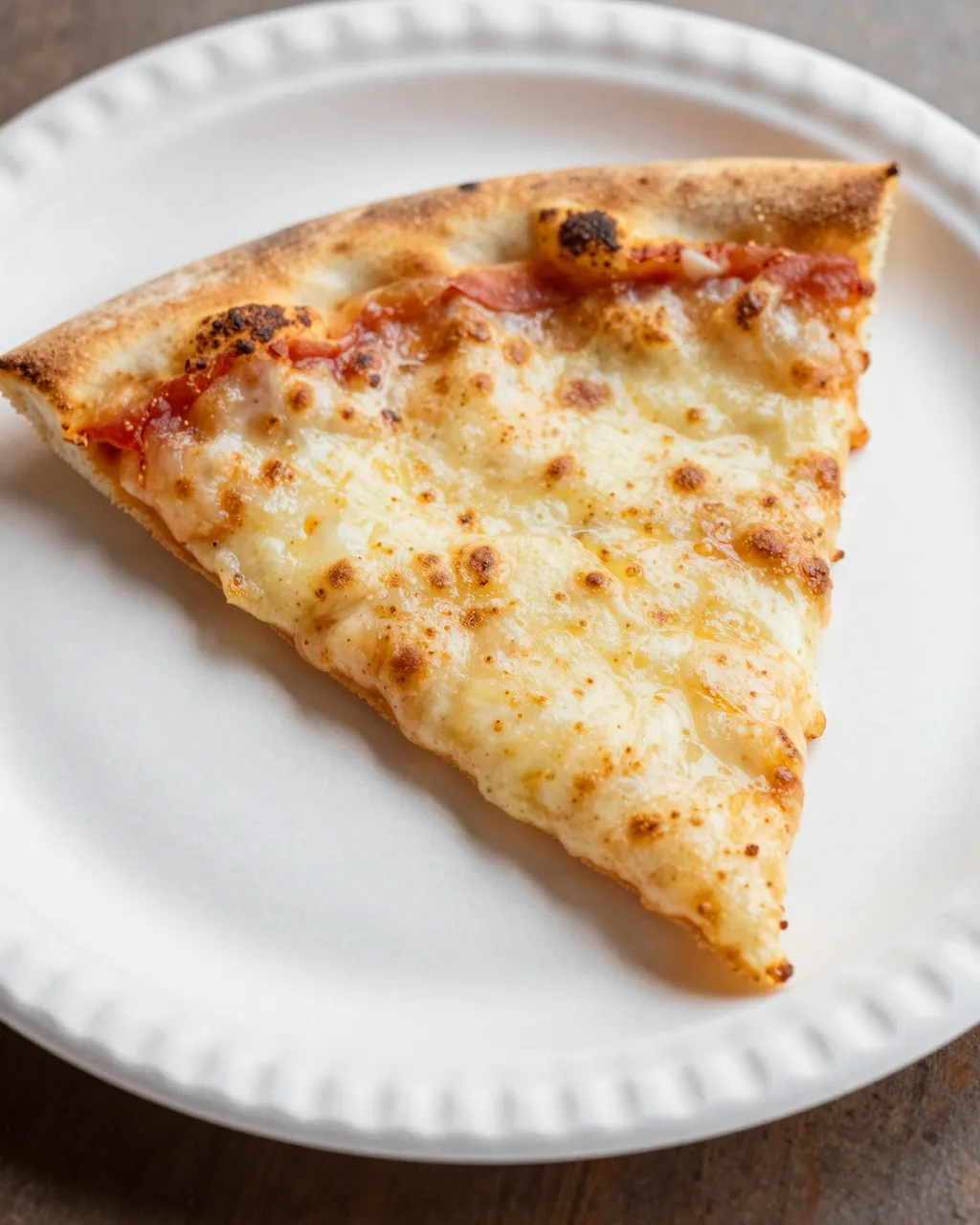 A close-up view of a single baked cheese pizza slice resting on a ridged white paper plate.