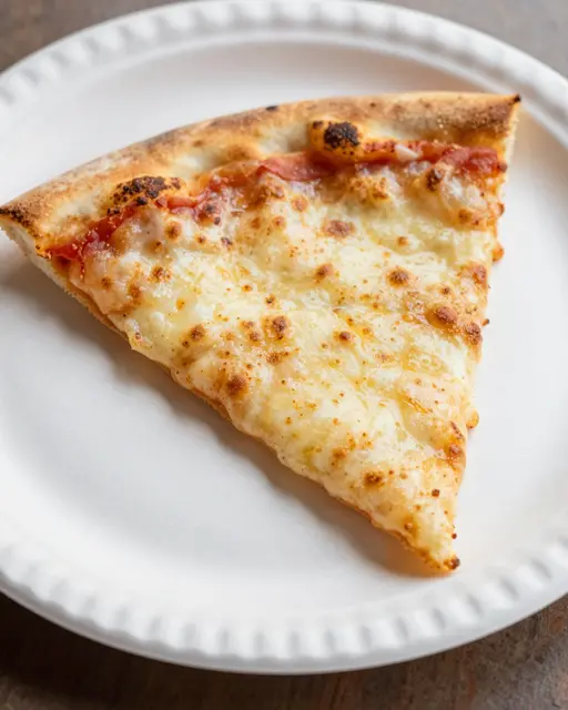 A close-up view of a single baked cheese pizza slice resting on a ridged white paper plate.