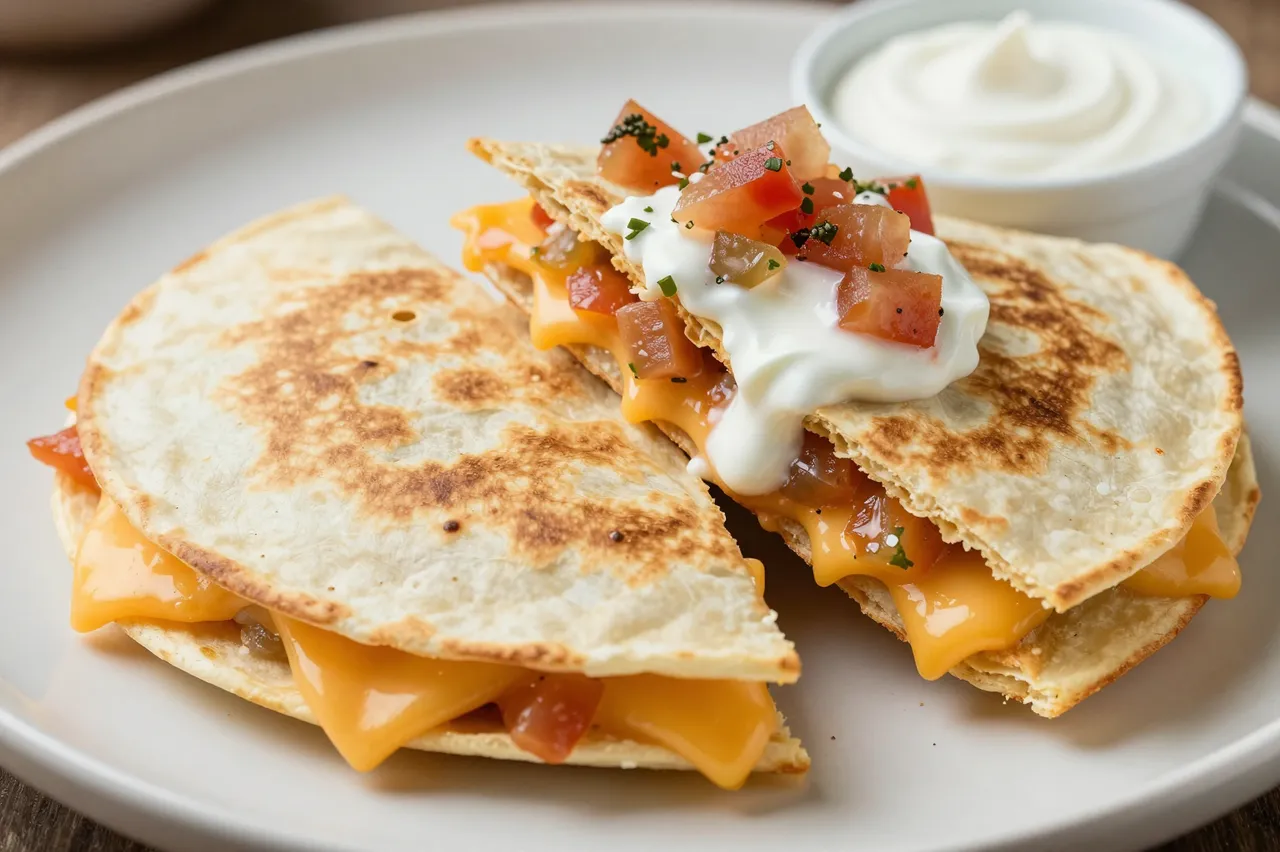Cut cheese quesadilla wedges topped with salsa and sour cream sit on a light plate alongside a small cream bowl