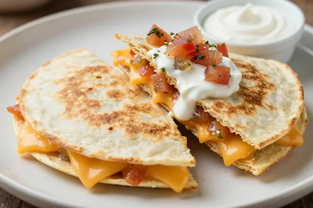 Cut cheese quesadilla wedges topped with salsa and sour cream sit on a light plate alongside a small cream bowl