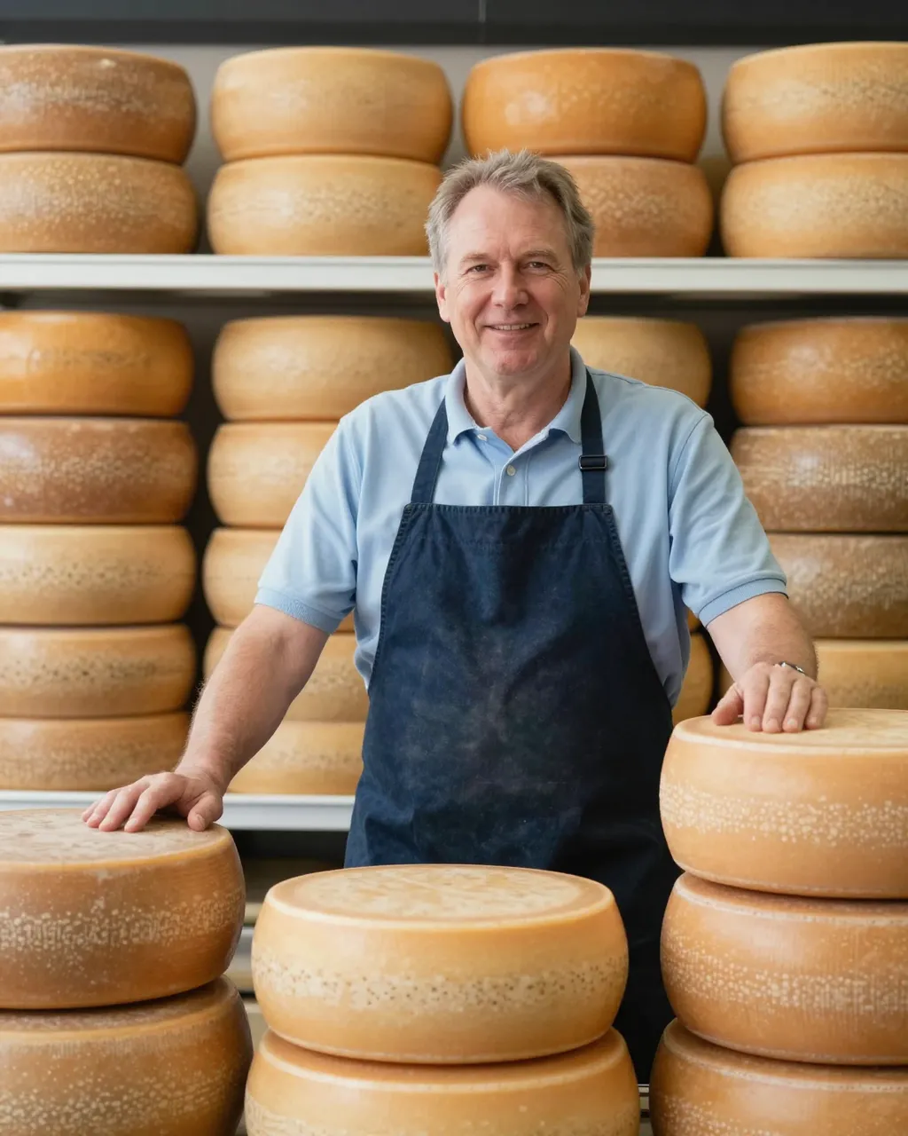 A smiling middle-aged cheese shop owner stands behind stacked whole cheese wheels in his shop.