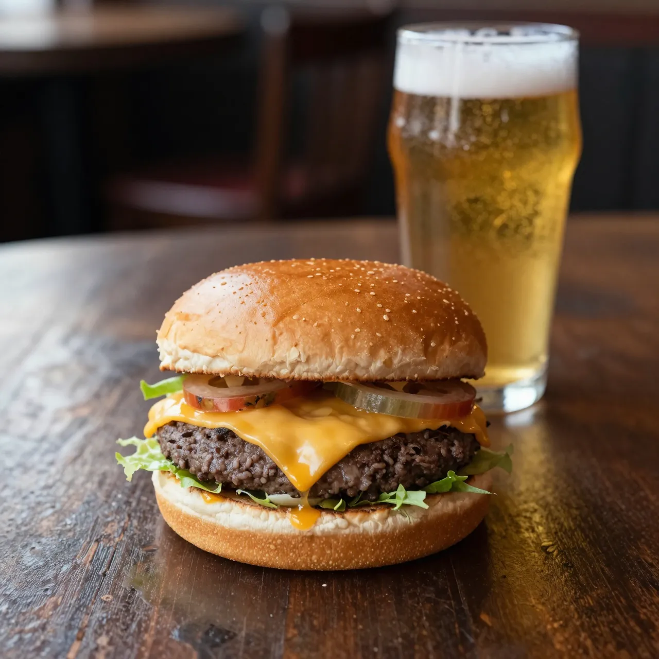 A melted cheese cheeseburger sits next to a foamy pint of golden lager on a dark wooden pub table.