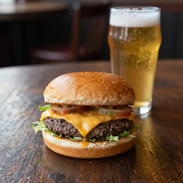 A melted cheese cheeseburger sits next to a foamy pint of golden lager on a dark wooden pub table.