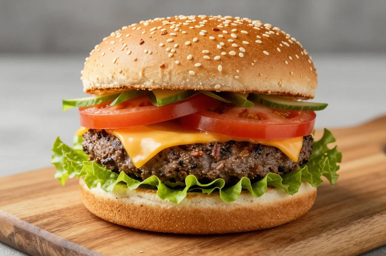 A stacked cheeseburger with sesame bun, tomato, lettuce, cheese and patty rests on a wooden cutting board.