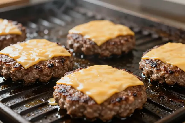 Five beef burger patties topped with melting cheese sizzle on a ridged metal grill surface.
