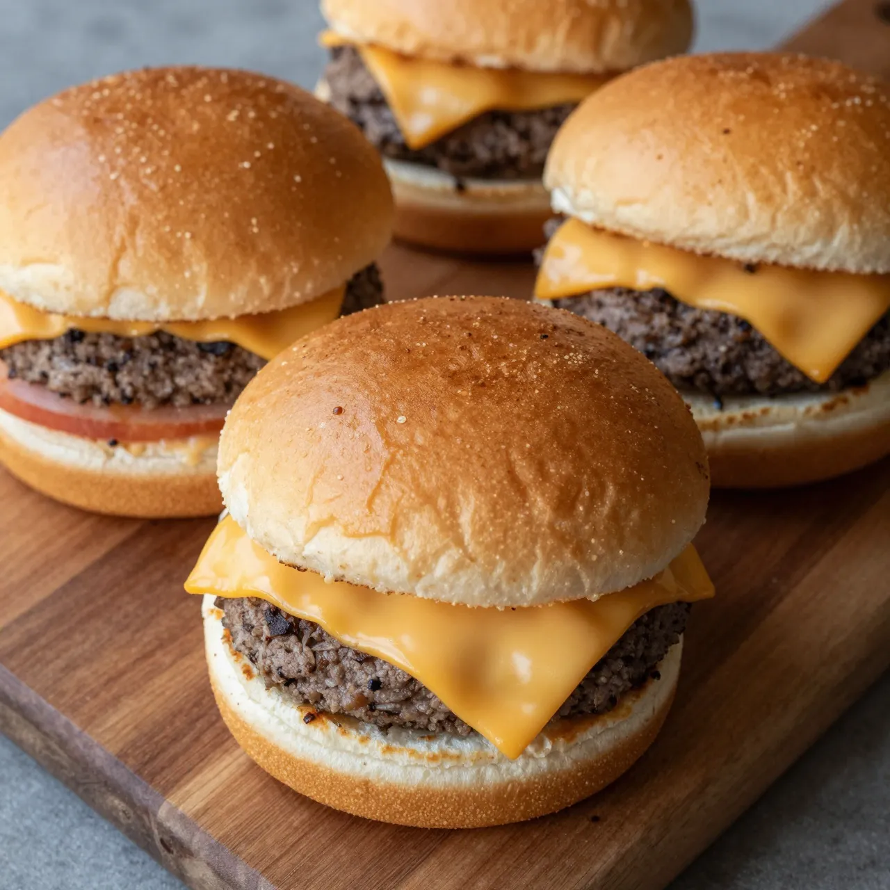 Four melted cheese sliders arranged on a wooden serving board in a top-down adjacent view.