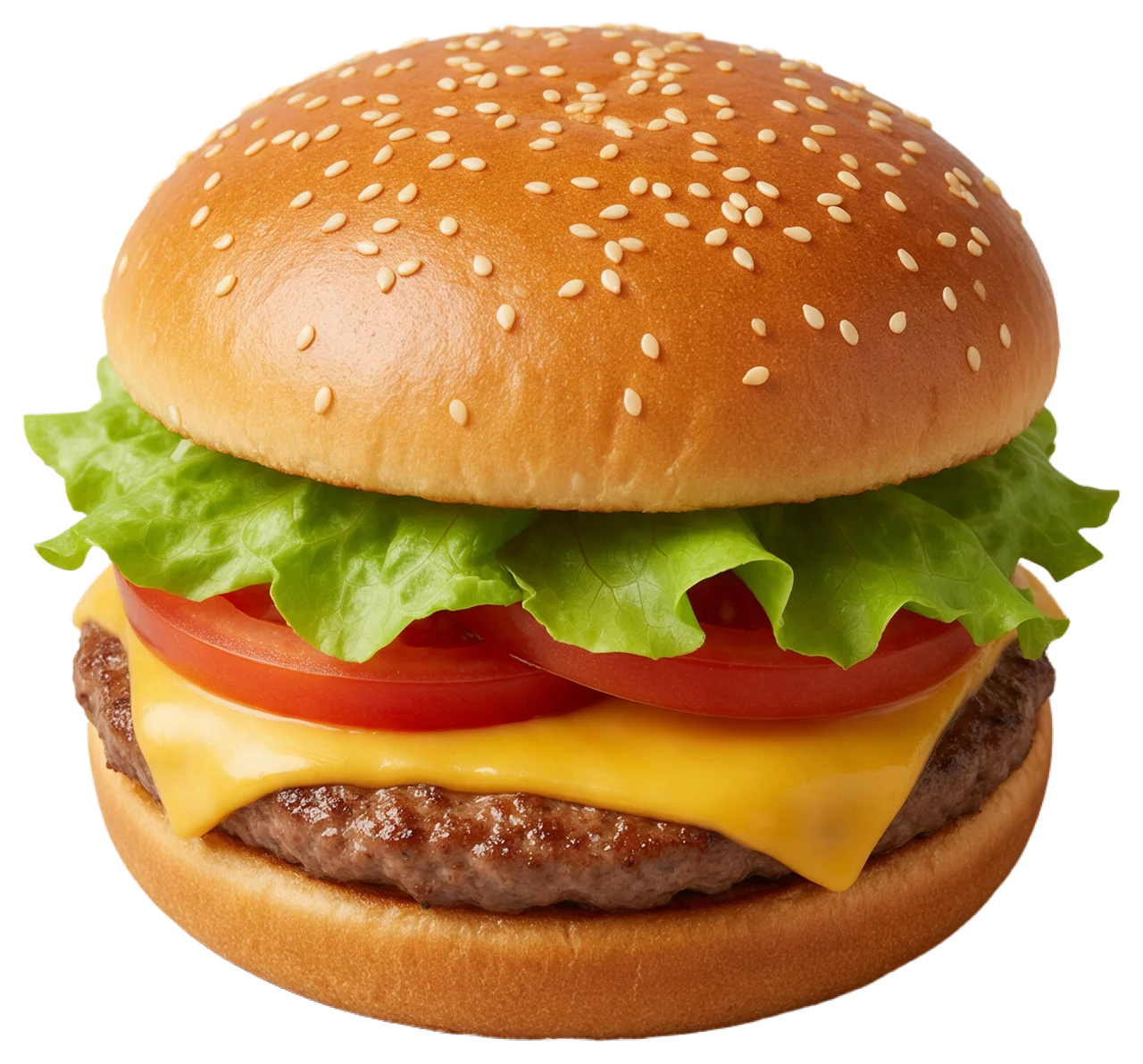 A fresh stacked cheeseburger with sesame bun, lettuce, tomato, cheese and beef patty