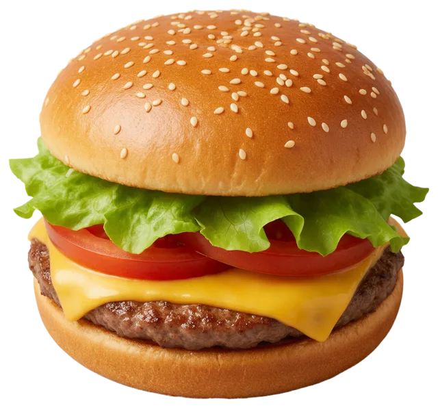 A fresh stacked cheeseburger with sesame bun, lettuce, tomato, cheese and beef patty