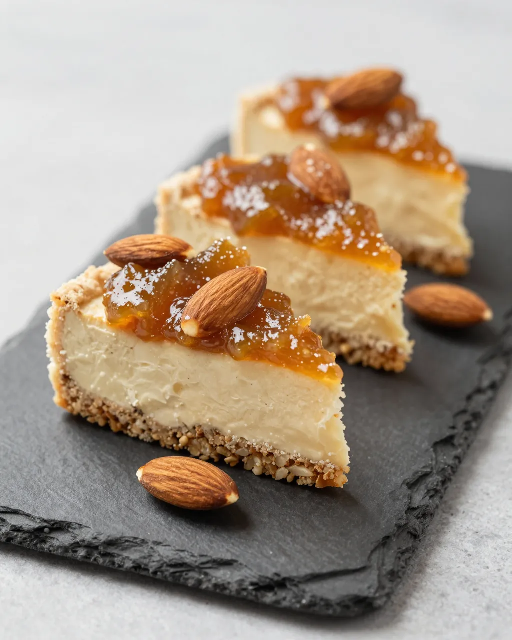 Three layered dessert slices topped with fruit preserve and almonds rest on a black slate board