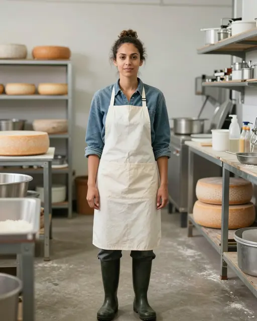 Mixed-race woman in her thirties stands in a dairy workshop wearing an apron and rubber boots