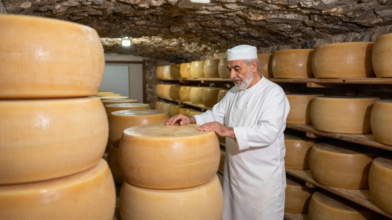 Older cheesemaker inspects a large cheese wheel inside a stone aging cave lined with stacked cheese