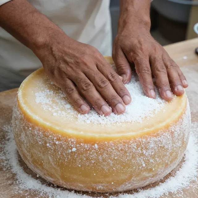 Close-up of cheesemaker's hands rubbing coarse salt onto a round young cheese wheel on a wooden work surface