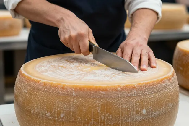 A cheesemonger uses a knife to slice a large aged cheese wheel behind a shop counter.