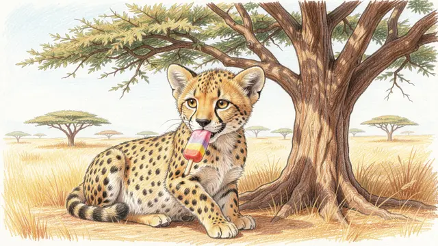 Colored pencil drawing of a cheetah cub licking a rainbow popsicle while resting under an acacia tree on the savanna