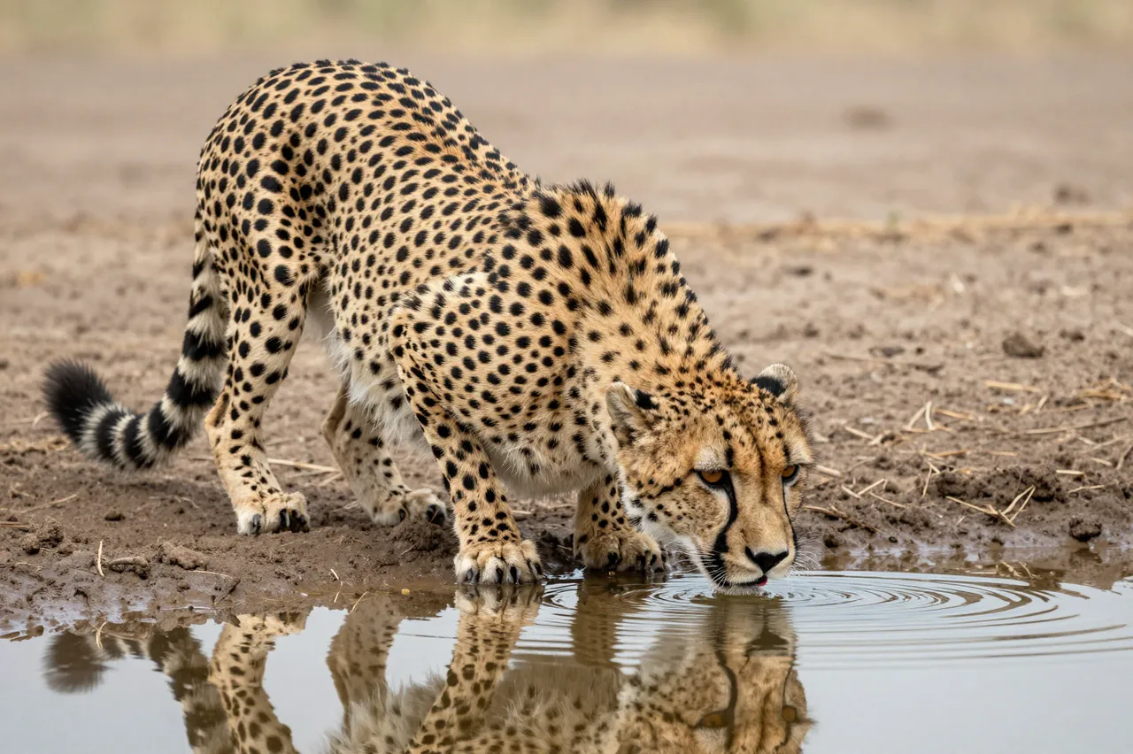 A crouched cheetah with black tear markings drinks from a small savanna waterhole, its reflection visible in rippling water