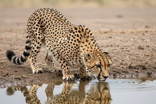 A crouched cheetah with black tear markings drinks from a small savanna waterhole, its reflection visible in rippling water